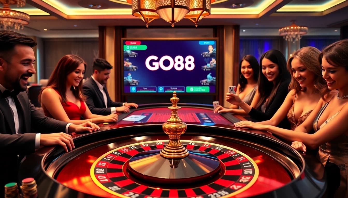 Experience the excitement of gambling at GO88, featuring roulette tables, poker chips, and vibrant casino atmosphere.