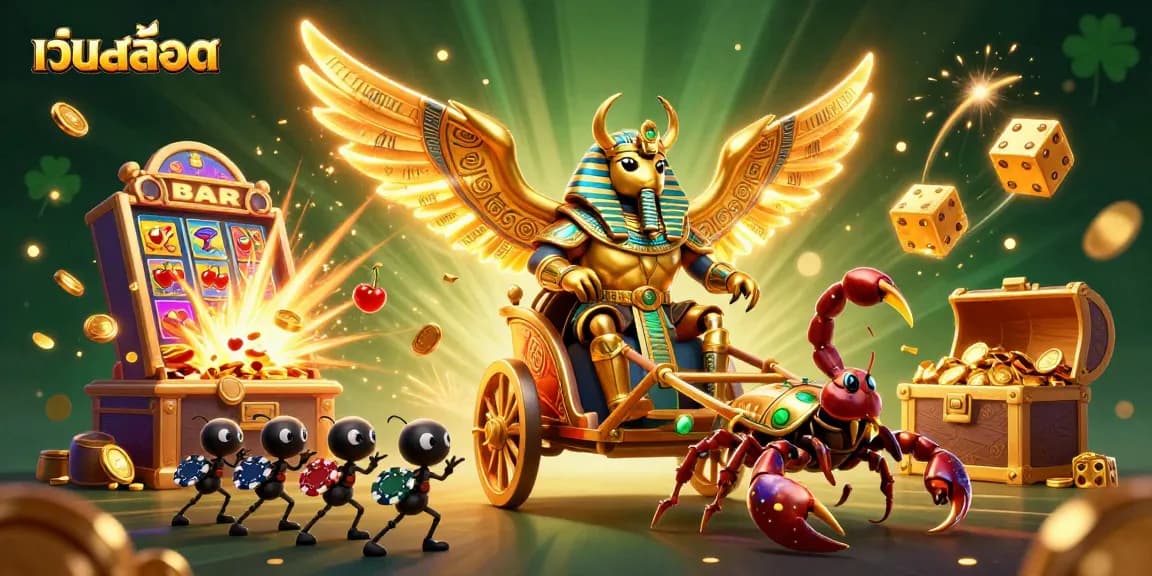 Win big at เว็บสล็อต with a dynamic scene filled with golden scarabs, coins, and slot machines.