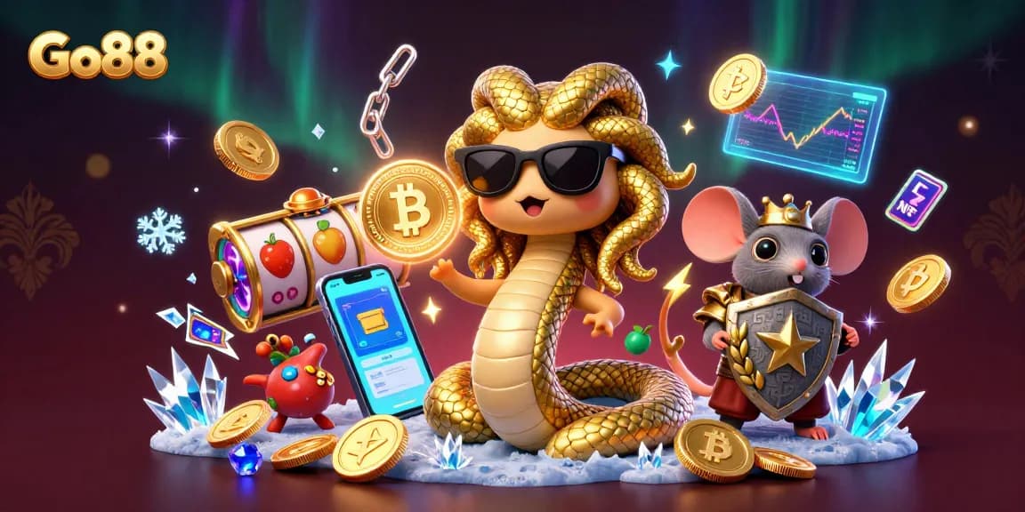 Experience the thrills of Go88 with a vibrant 3D illustration featuring casino elements and friendly characters.