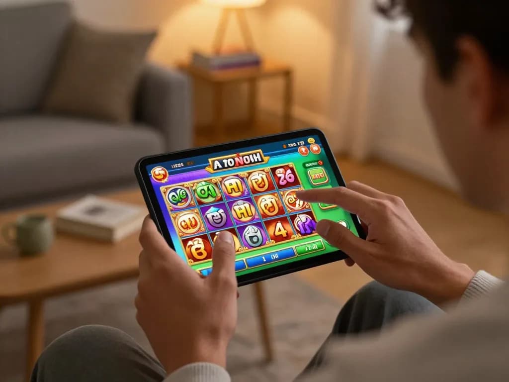 Engaging in g28 nổ hũ gameplay on a mobile device, showcasing user excitement in a cozy setting