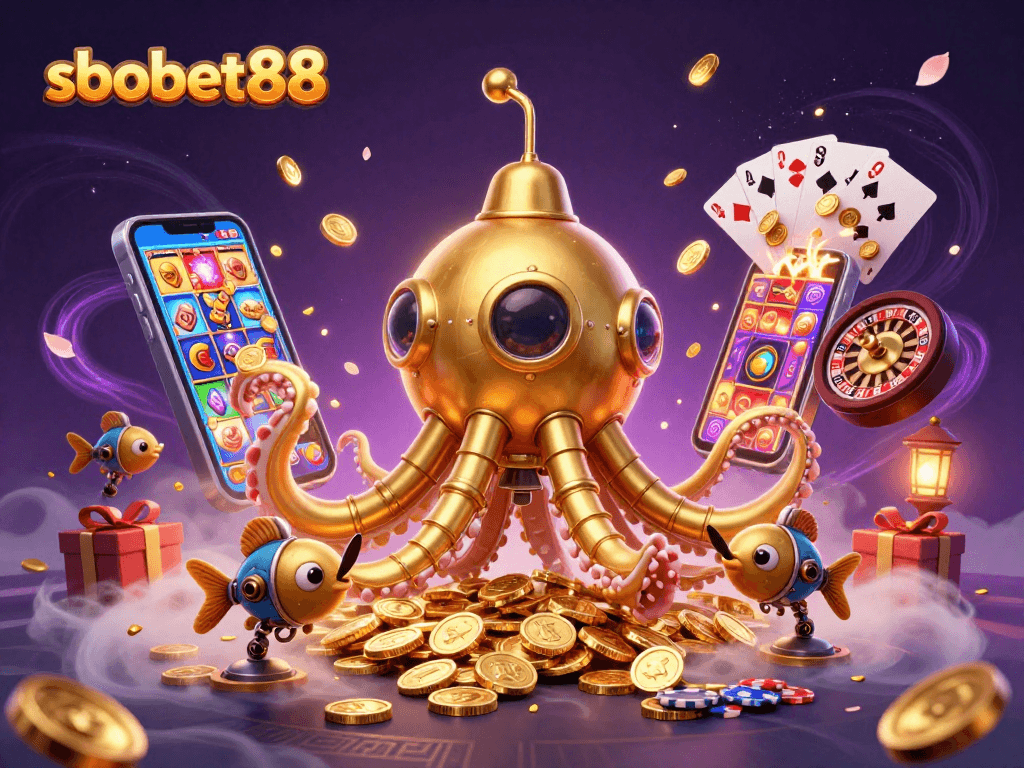 Experience sbobet88's thrilling sports betting adventure with a golden kraken submarine amidst riches and gaming excitement.