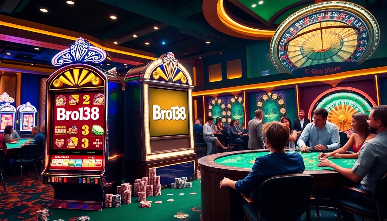 Excited players enjoying their winnings at Bro138's vibrant casino scene featuring slot machines and roulette.