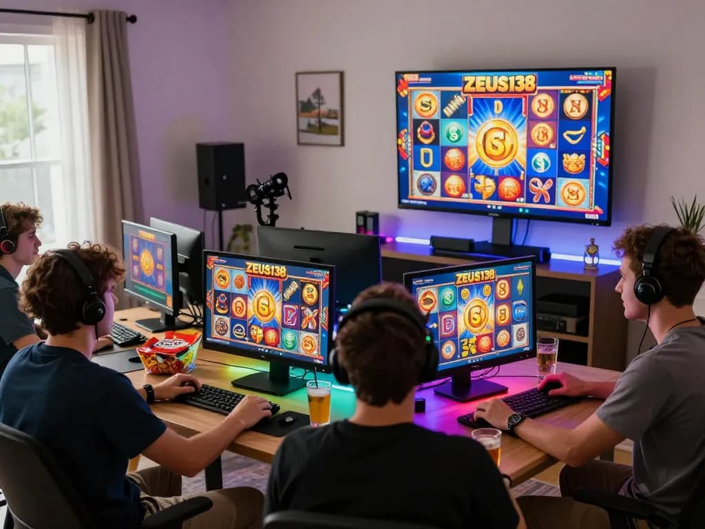 Players enjoying Zeus138 online slot gaming experience at home with vibrant visuals and snacks.
