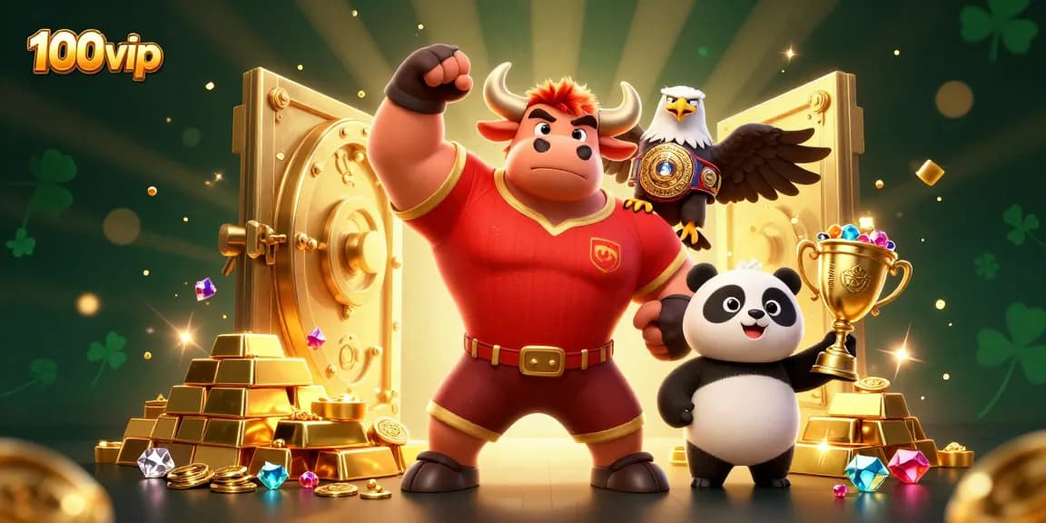 Experience thrilling wins at 100vip, featuring a victorious bull mascot and sparkling treasures in a vibrant casino illustration.
