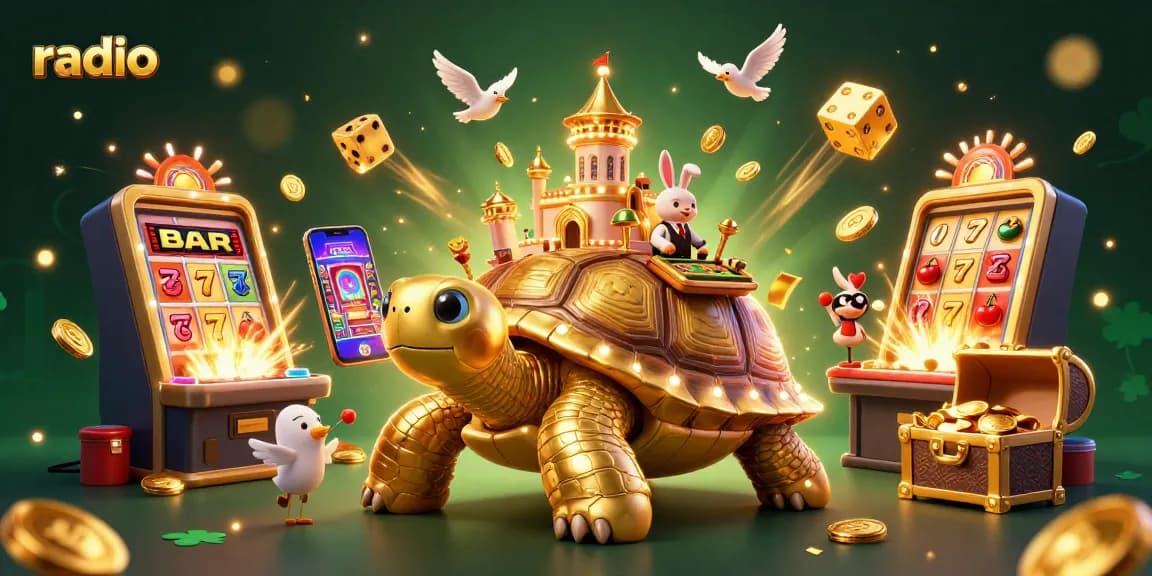 Engage with the radio-themed casino scene featuring joyfully vibrant 3D characters and lively game elements.