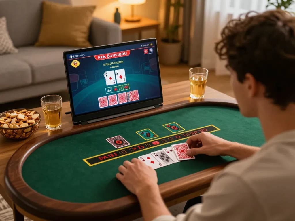 Engaging scene of a player enjoying lc88 live blackjack at home, fully immersed in online gameplay.