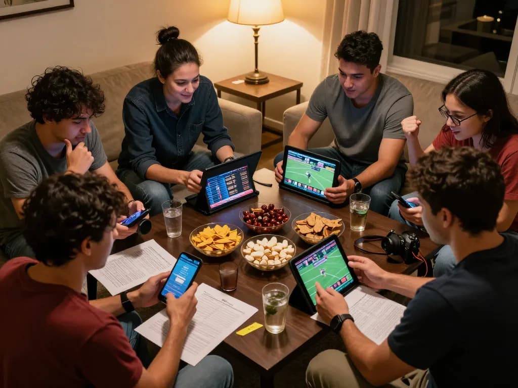 Exciting sports betting moment with friends engaging on their devices at home showcasing nhà cái dh88 activities