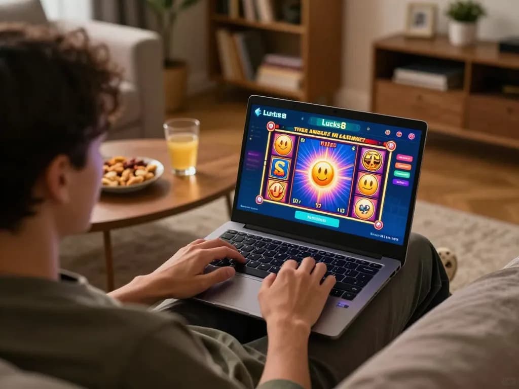Người chơi tham gia vào trò chơi trực tuyến Luck8 trên laptop, với đồ họa slot đầy màu sắc trên màn hình.