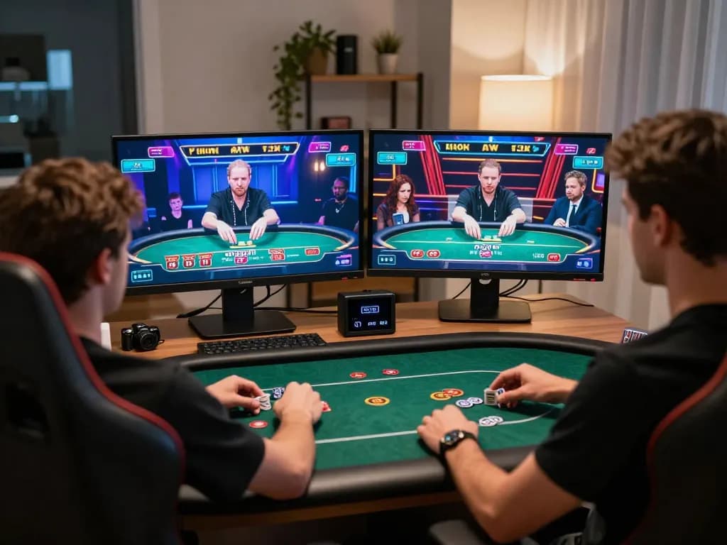 Player engaging in a high-stakes poker game at Nhà cái KONG88 with dual monitors showing vibrant casino graphics.