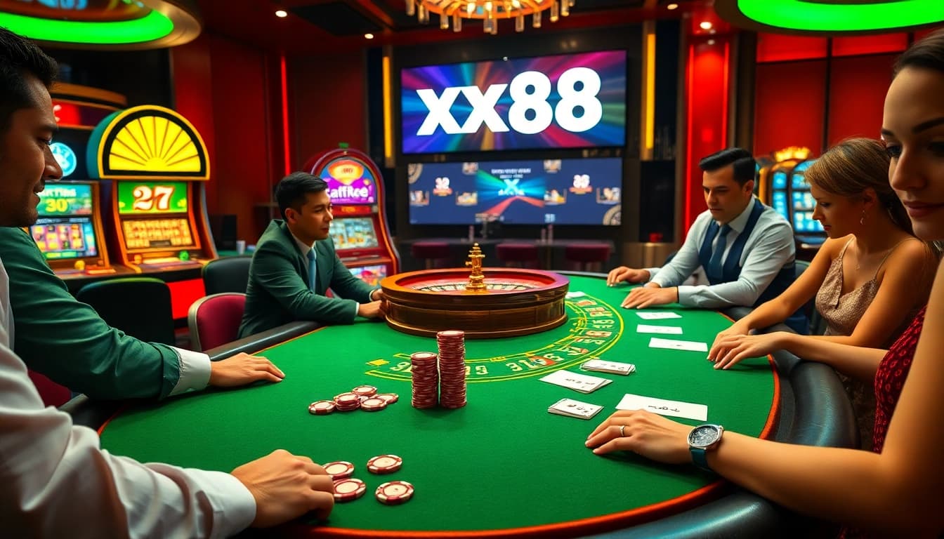 Engage in the excitement of the xx88 game at a vibrant casino table filled with players and cards.
