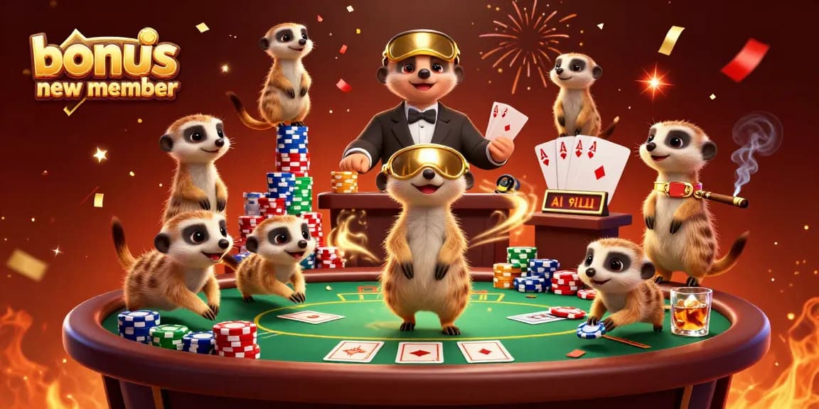 Experience thrilling gameplay with the bonus new member, featuring meerkats in an exciting casino scene.