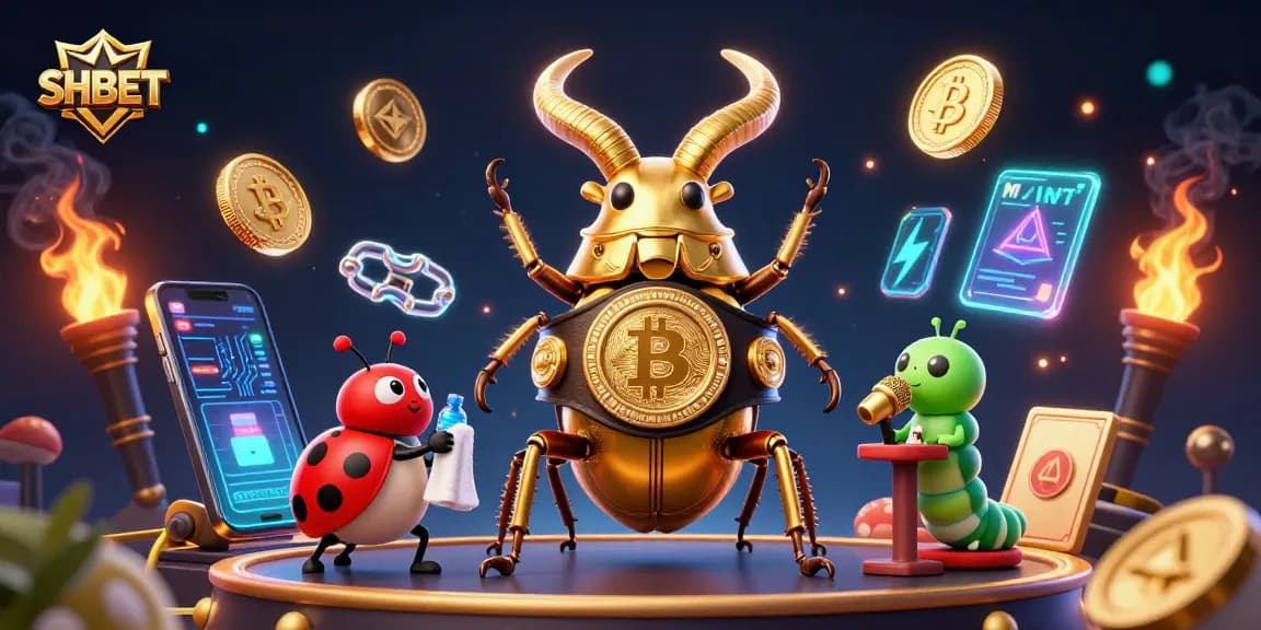 Engage in thrilling gameplay at SHBET with a dynamic 3D illustration showcasing exciting characters and crypto elements.