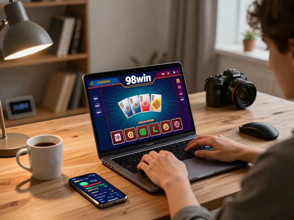 Engaging with 98win com online casino from a cozy home setup, showcasing gaming strategy.