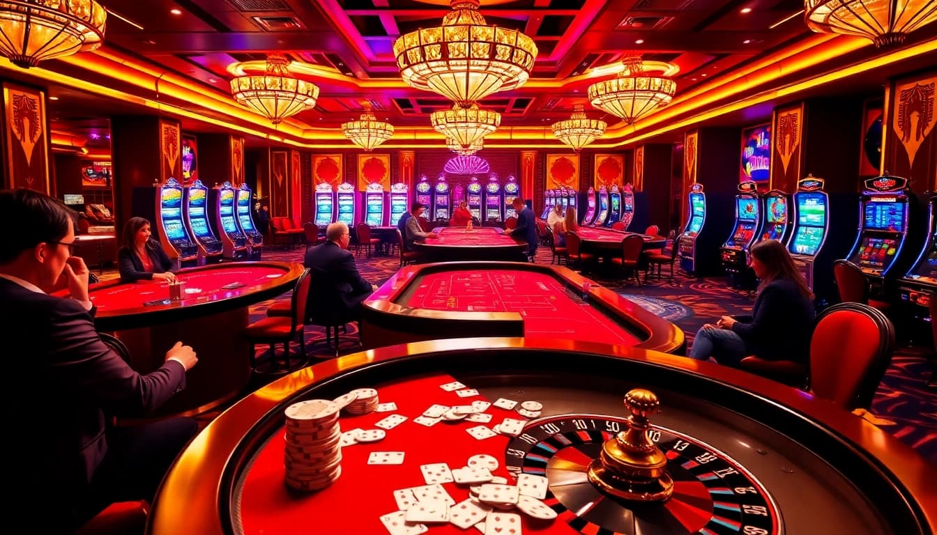 Players enjoying a game at 79 King casino, featuring poker chips and luxury casino tables.