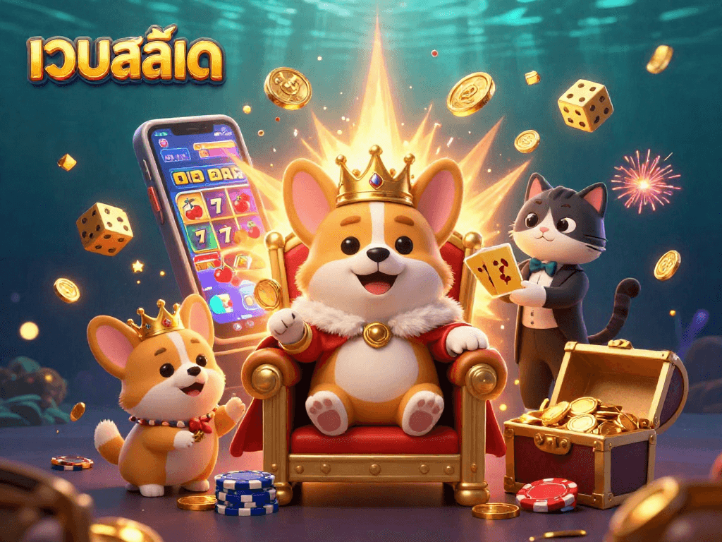Engage in thrilling gaming at เว็บสล็อต with a corgi king surrounded by slot machines, coins, and colorful elements.
