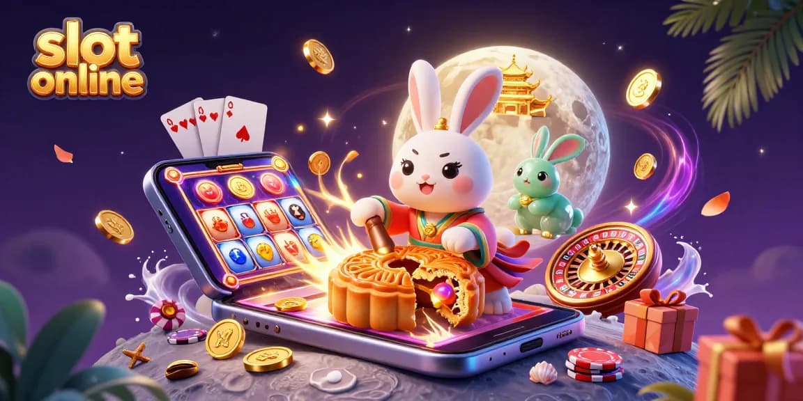 Engage in slot online excitement with a dynamic moon rabbit scene featuring golden coins and spinning reels.