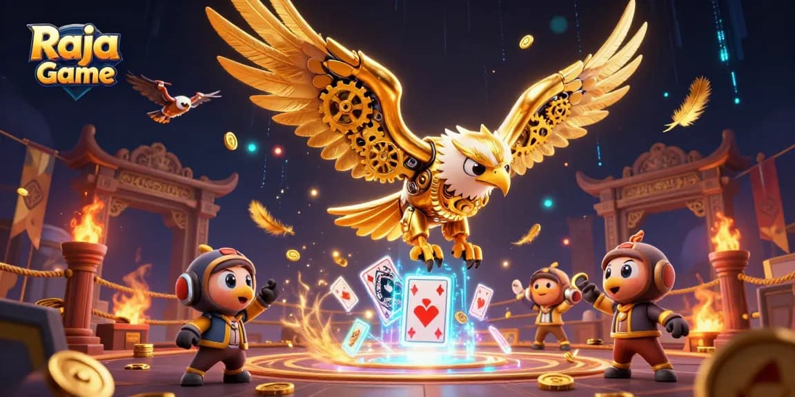 Engage in thrilling gaming with Raja Game, where a golden eagle dives through animated playing cards.