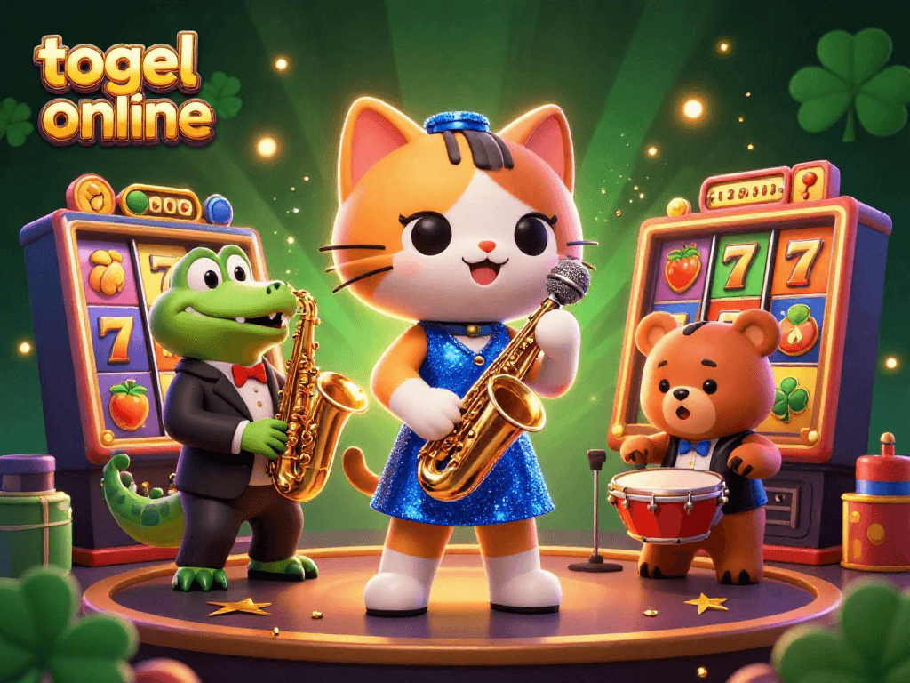 Enjoy togel online excitement featuring musical casino characters, slot reels, and vibrant colors in animated scene.