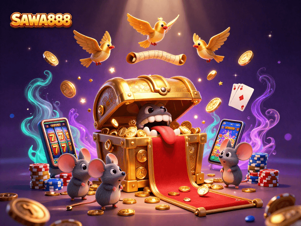 Experience excitement at SAWA888 with vibrant slot machine reels, golden treasures, and adventure-filled gaming.