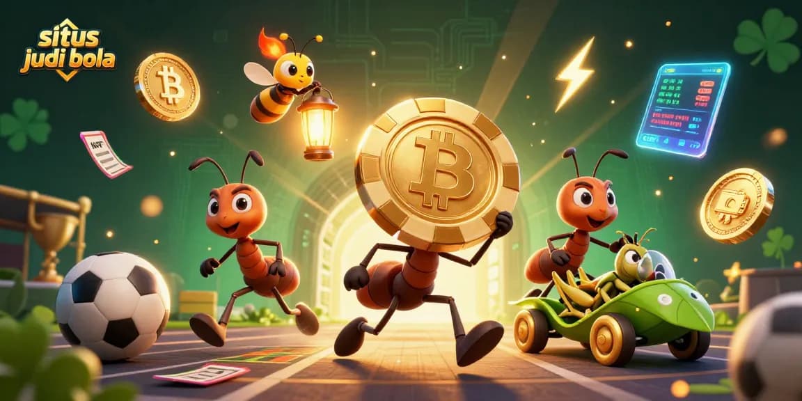 Engage with the exciting situs judi bola experience as ants carry a golden poker chip amidst vibrant betting elements.