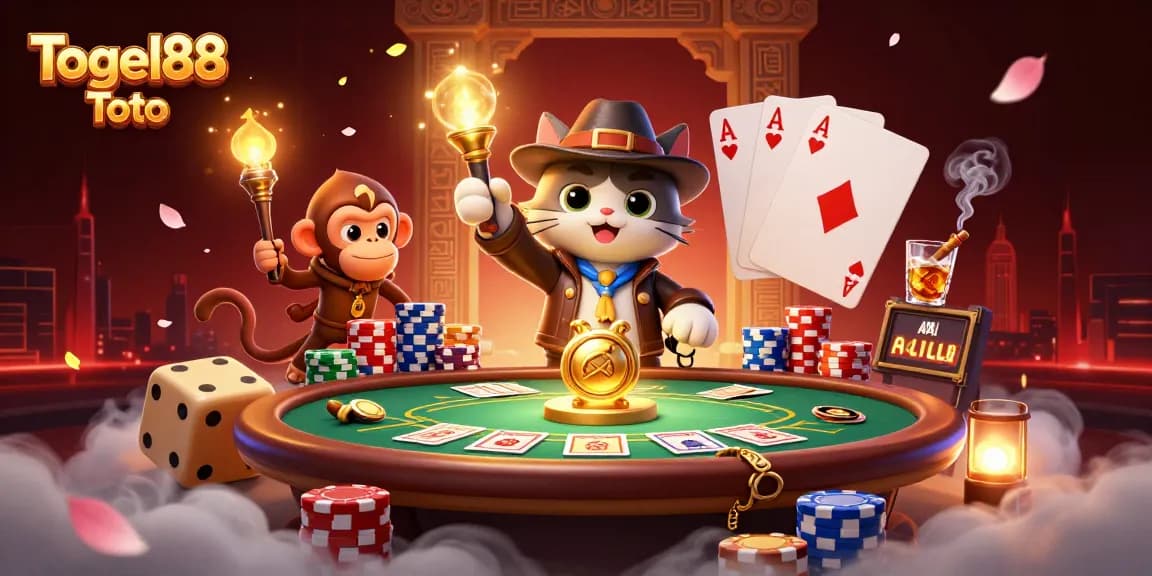 Experience the thrill of Togel88 Toto with vibrant casino elements surrounding a treasure-seeking cat.