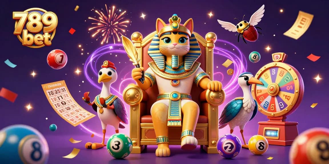 Win big in 789 bet with vibrant lottery and casino game elements featuring a pharaoh cat.