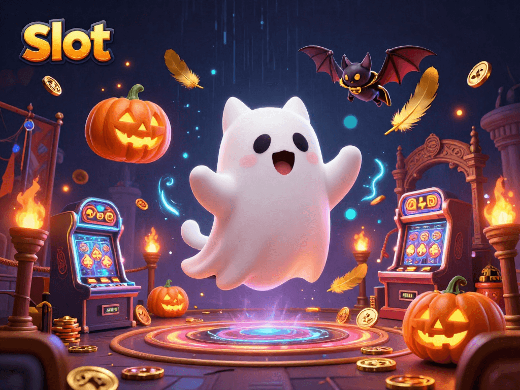 Engaging slot game scene with a friendly ghost cat and glowing poker pumpkins enhancing the casino experience.