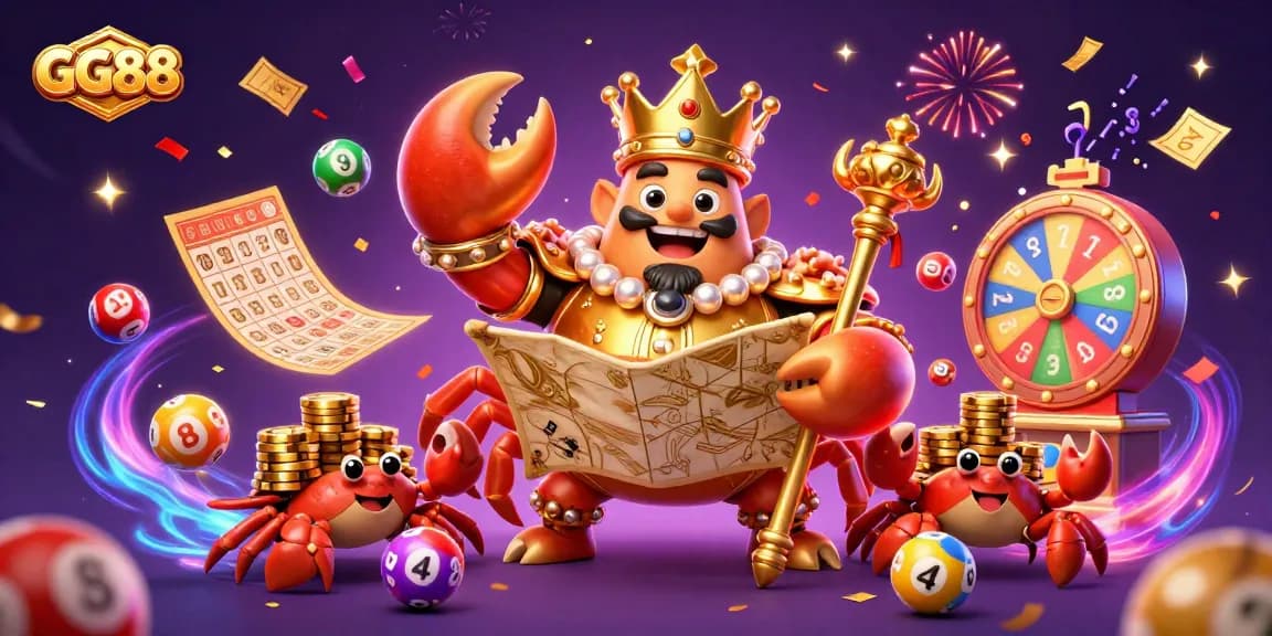 Engage in the vibrant gaming universe of GG88, featuring a golden crab emperor and lottery elements for an online casino experience.