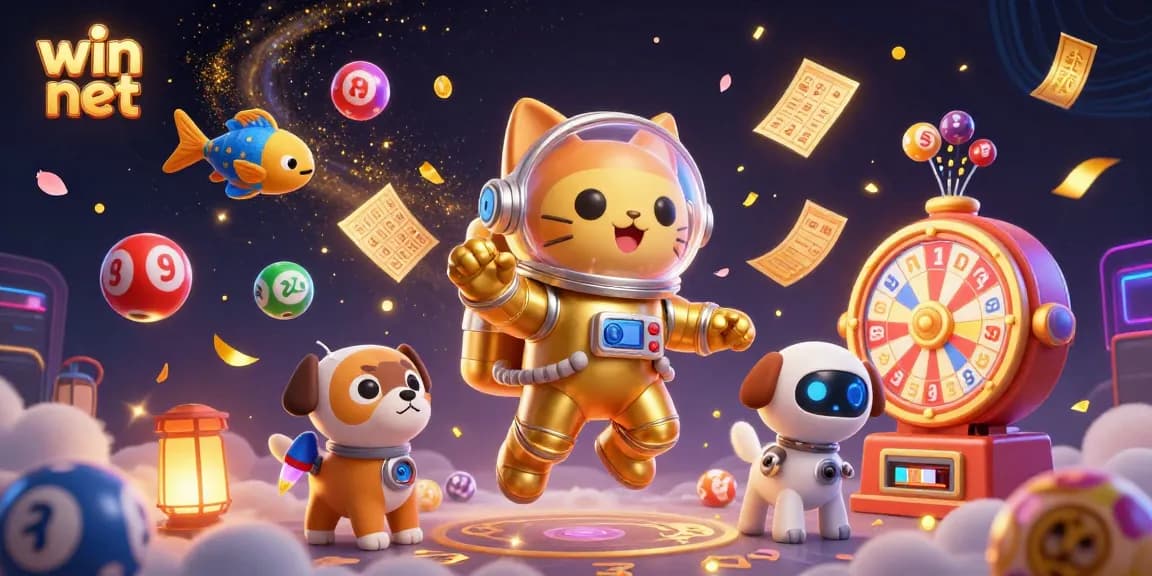 Experience the excitement of win net with a lively digital illustration depicting streaming lottery and casino elements.