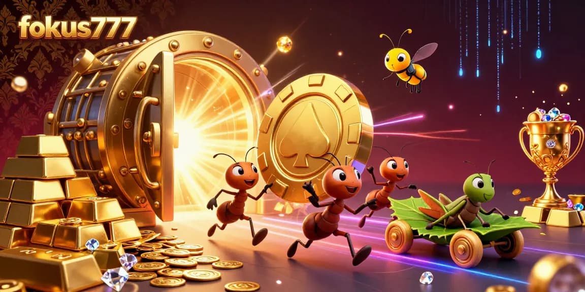 Engage in thrilling gameplay with fokus777 while watching a team of ants carrying a golden poker chip.