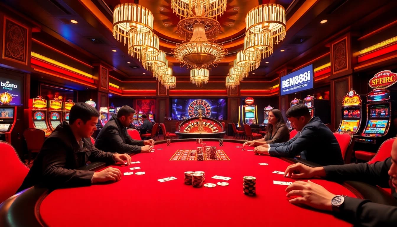 Exciting casino action at https://bem88i.com/ featuring a poker table and vibrant gameplay.