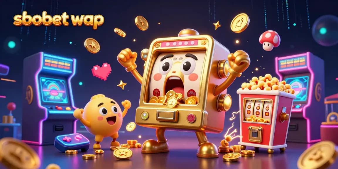 Join sbobet wap action with a golden slot machine celebrating a jackpot, surrounded by festive gaming elements.