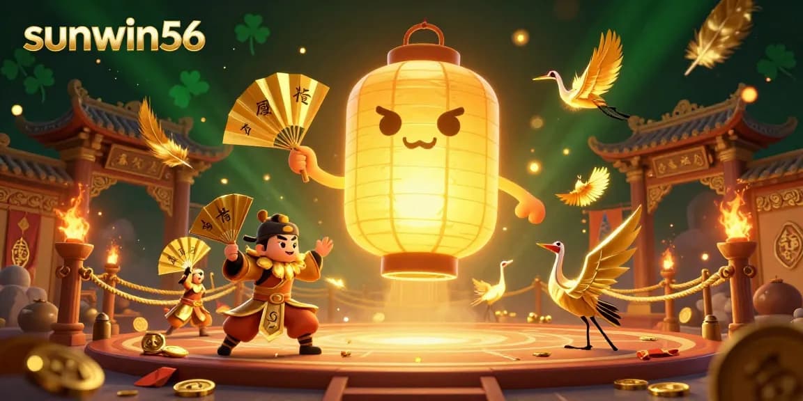 Win big with sunwin56 at a vibrant casino scene featuring golden lantern spirits and gaming elements.