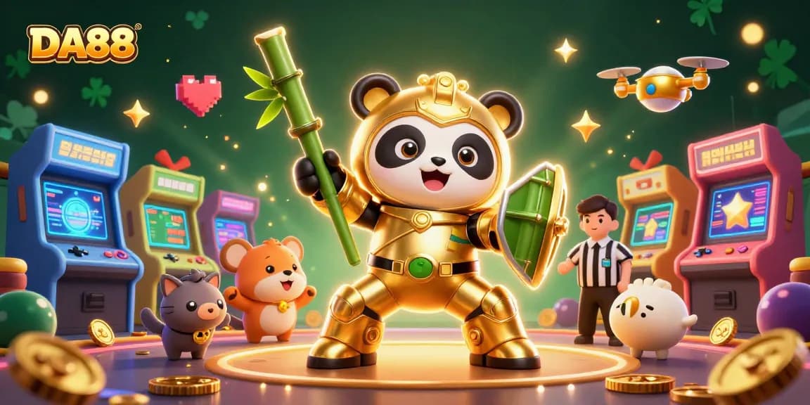 DA88 gaming extravaganza featuring a golden panda in mech-suit excitement and vibrant casino elements.