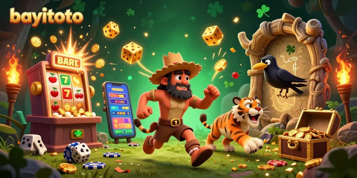 Experience the excitement of bayitoto with a lively prehistoric casino scene featuring 3D characters playing and winning.