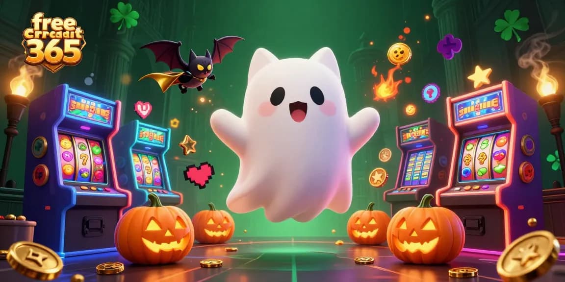 Engage with free credit 365 offers as a friendly ghost cat and bat explore a haunted casino.