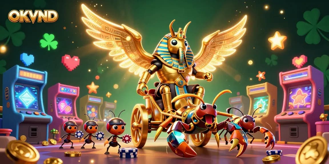 Experience thrilling casino adventures with OKVND, featuring a golden beetle and scorpions in an epic game.