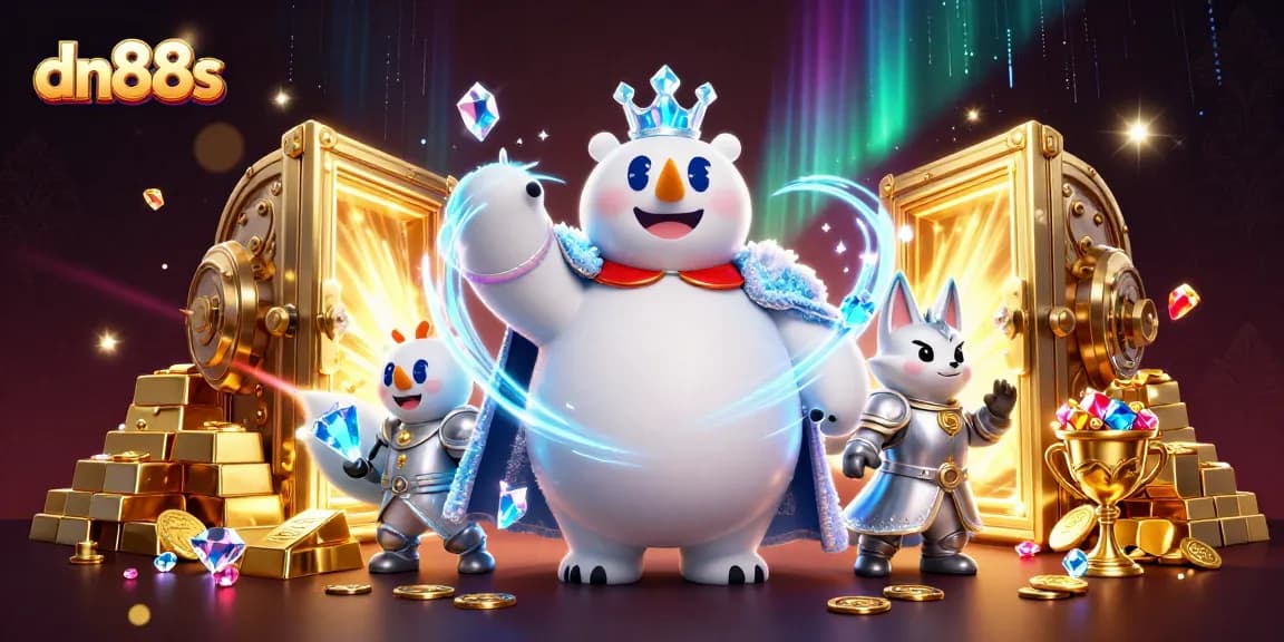 Engage with the thrill of dn88s casino experience showcasing a polar bear and snow fox amidst treasure and aurora lights.