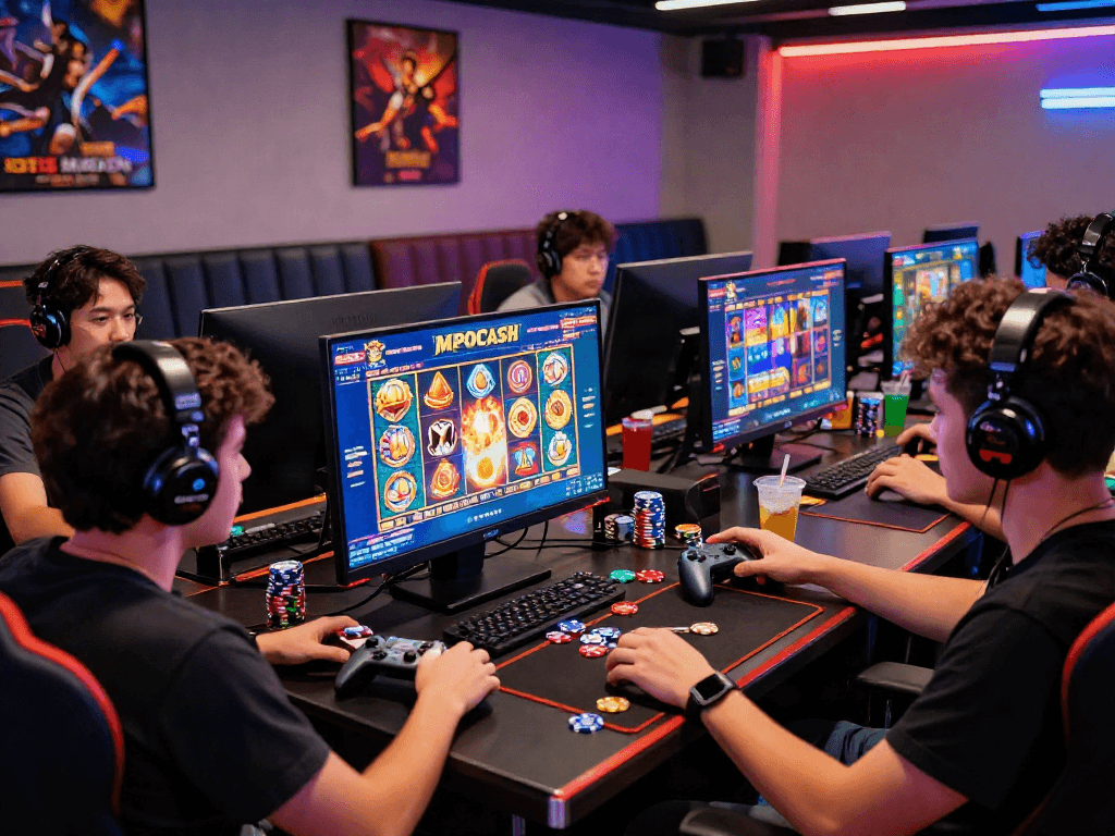 Exciting gaming atmosphere showcasing players engaged with situs MPOCASH's vibrant slot games interface and accessories.