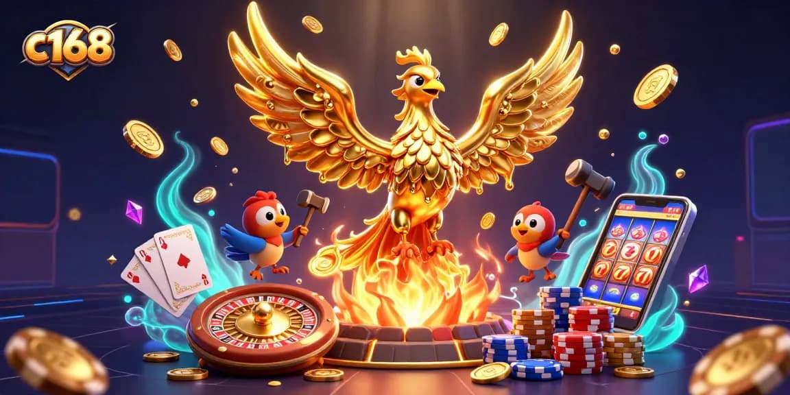 Engage with thrilling wins at c168 with a 3D golden phoenix symbolizing fortune and dynamic gaming.