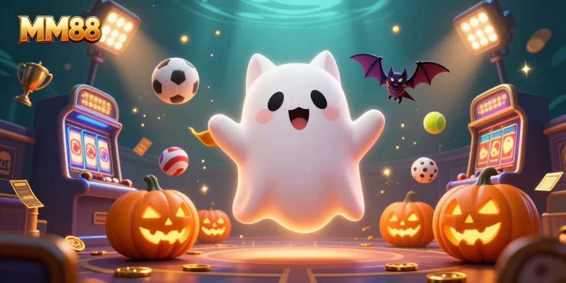 Bet on MM88 with friendly ghost cat and vampire bat in a haunted casino scene.