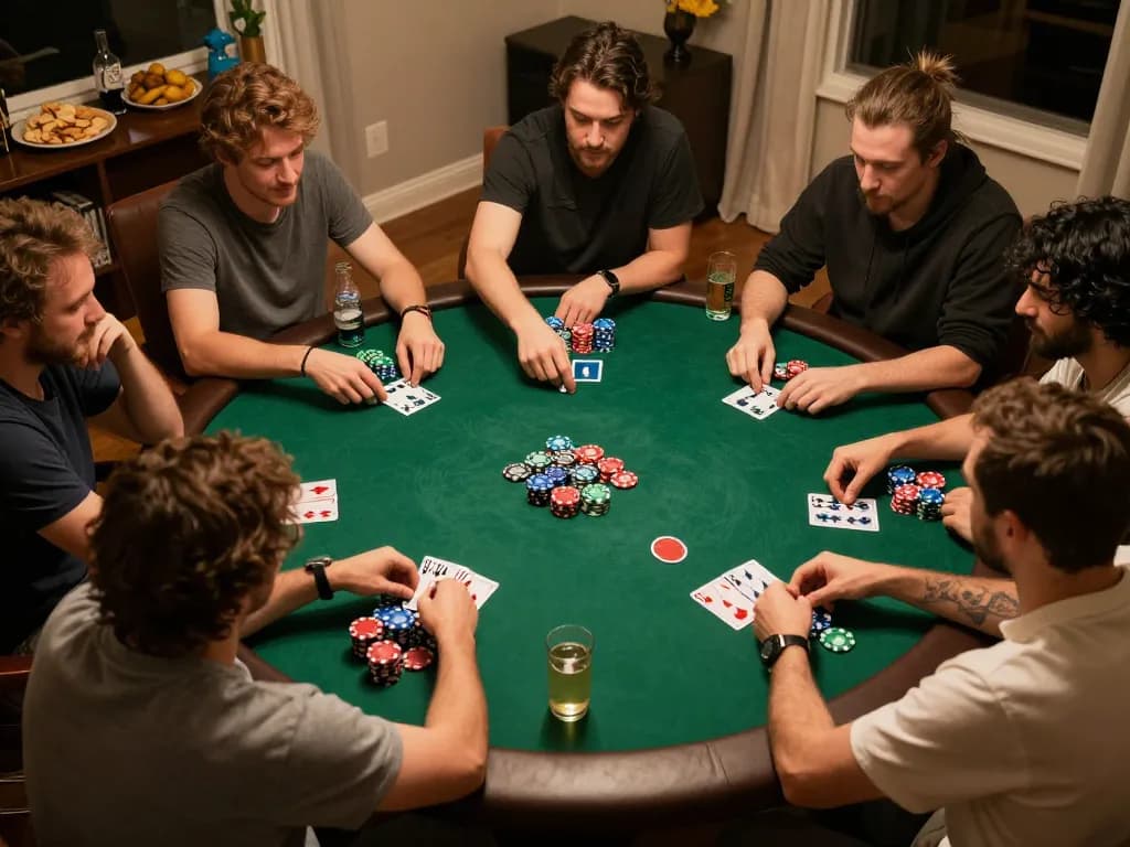 I9BET players engaged in a thrilling home poker game, showcasing strategy and interaction among friends
