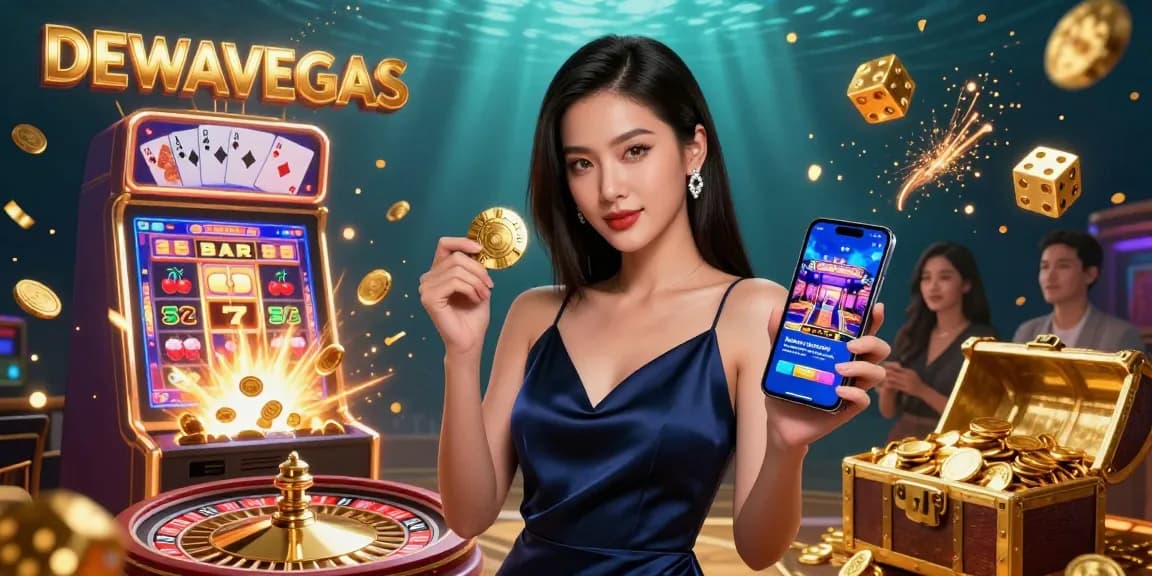 DewaVegas casino scene showcasing an Asian woman holding a chip and smartphone amidst a jackpot explosion.