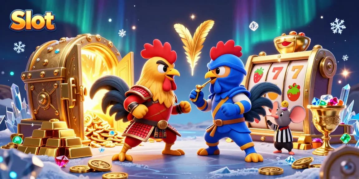 Engage with thrilling Slot gameplay featuring dynamic roosters in an intense rivalry.