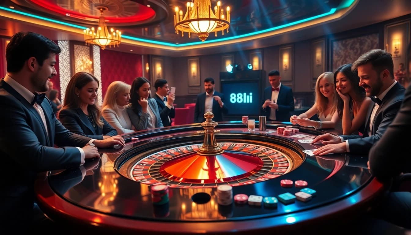 Players engaging at a high-stakes roulette table featuring 88i branding and luxurious decor.