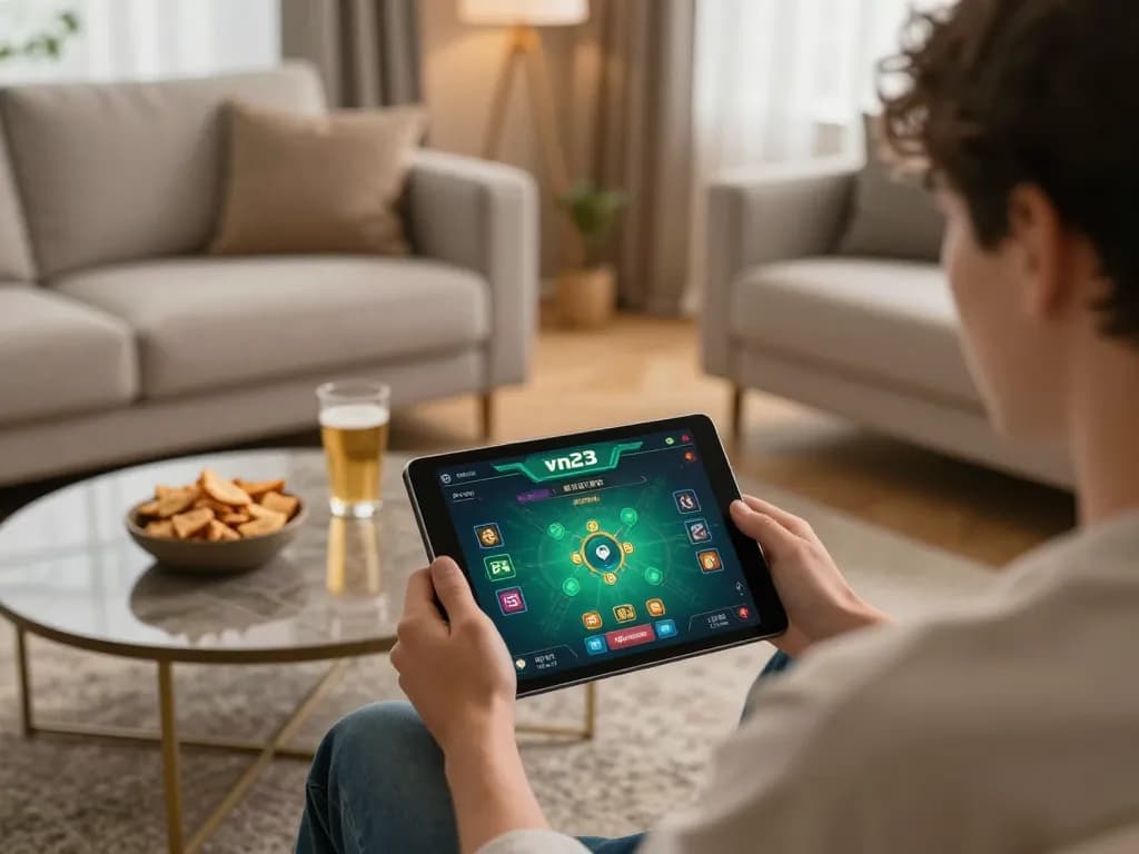 The user engages with the vn23 app, enjoying online gambling in a cozy living room.