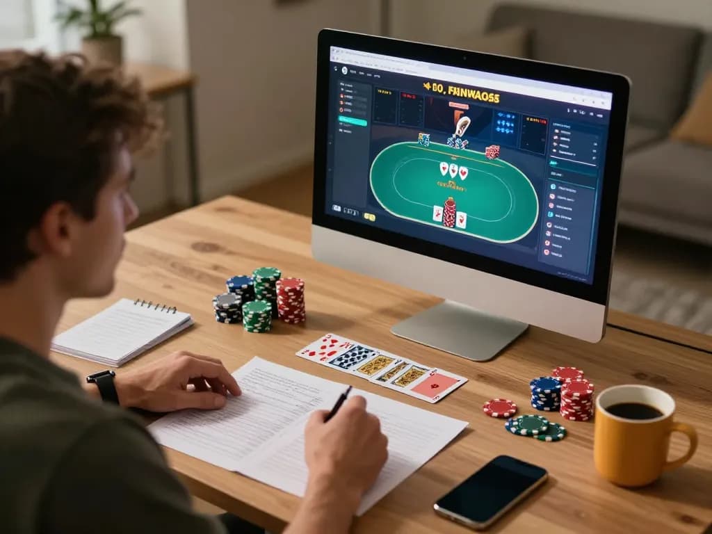 Player strategizing on badak178 site with poker interface, cozy home gaming setup.