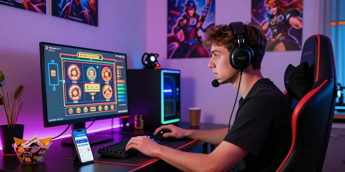 Young gamer engaging with credit card casinos at home, https://dea.org.uk displaying popular games and vibrant gaming setup.