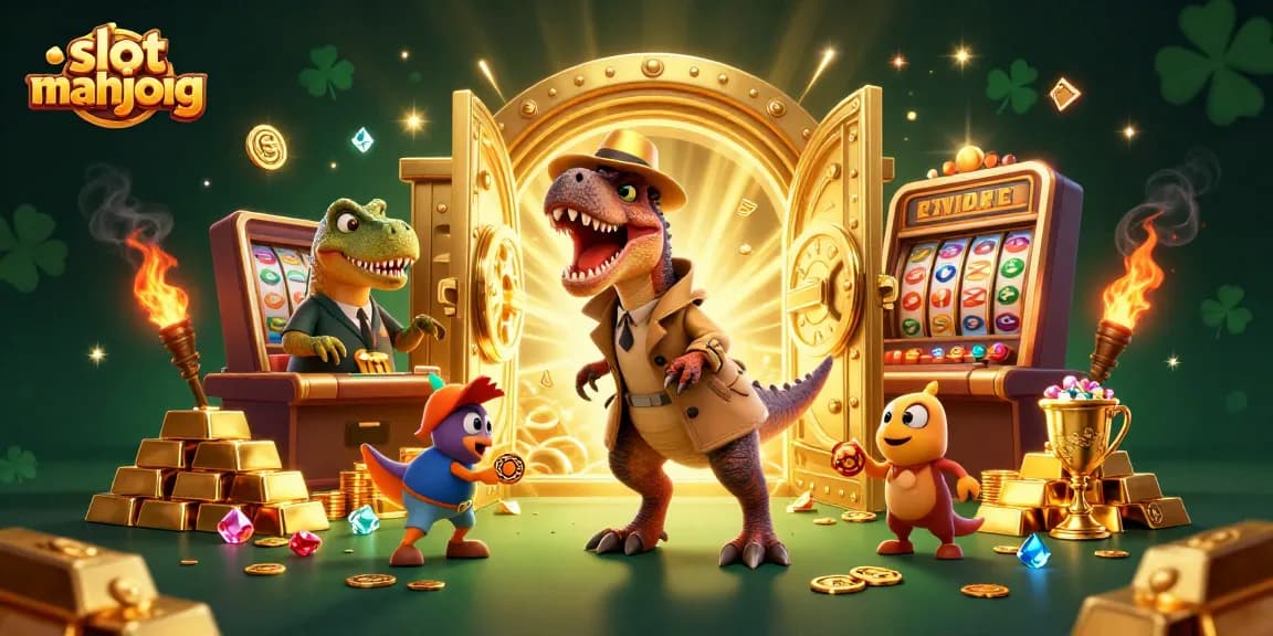Engage with slot mahjong excitement in a vibrant 3D casino scene featuring unique characters and thrilling action.