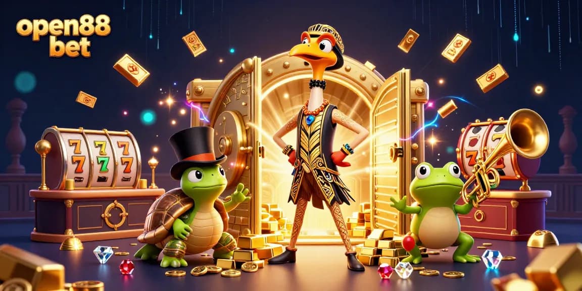 Experience the excitement of open88 bet with dynamic 3D casino characters amidst gold and jewels.